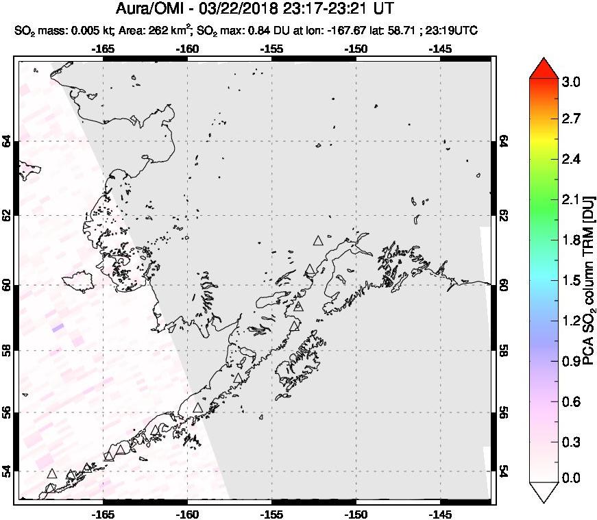 A sulfur dioxide image over Alaska, USA on Mar 22, 2018.
