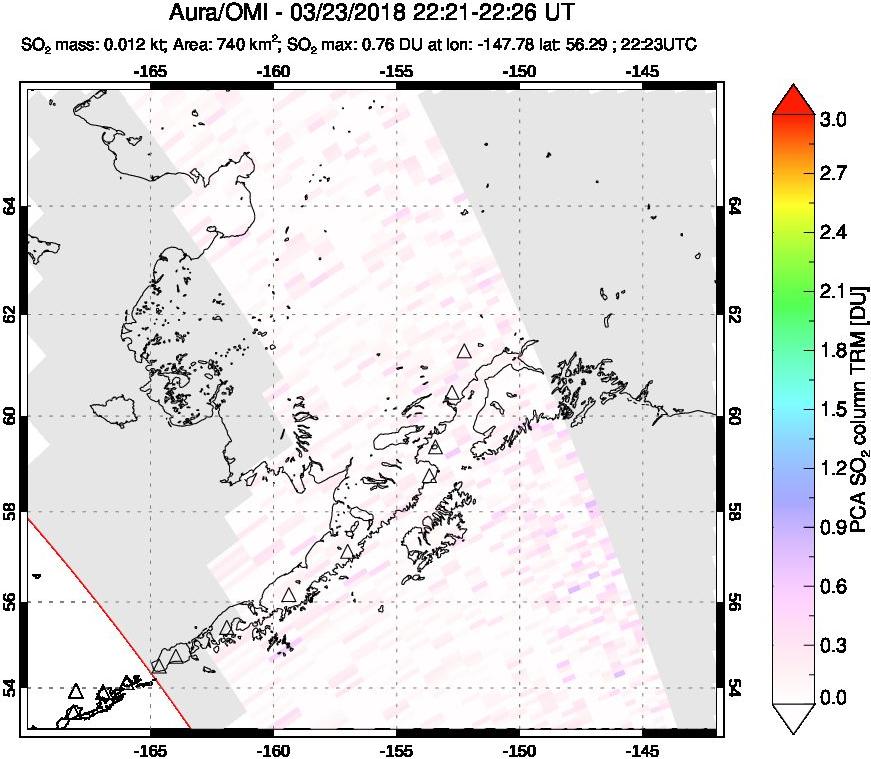 A sulfur dioxide image over Alaska, USA on Mar 23, 2018.