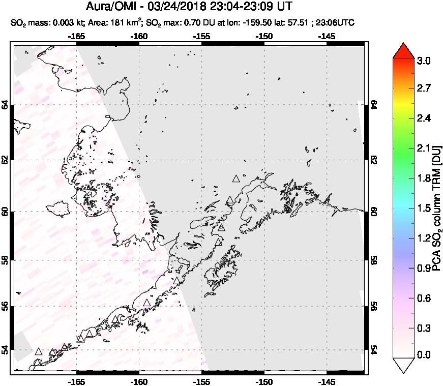 A sulfur dioxide image over Alaska, USA on Mar 24, 2018.