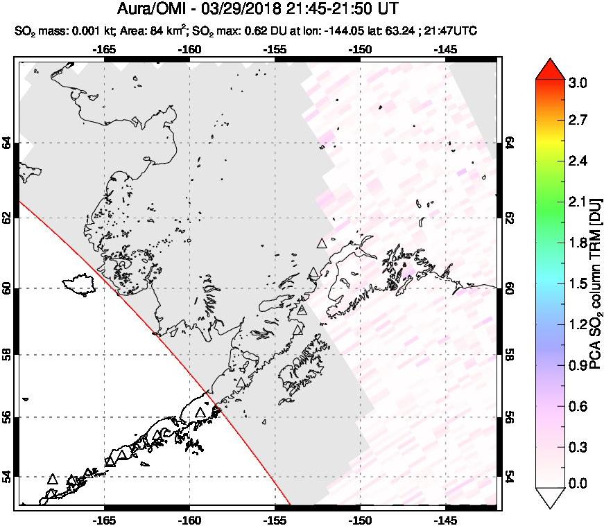 A sulfur dioxide image over Alaska, USA on Mar 29, 2018.