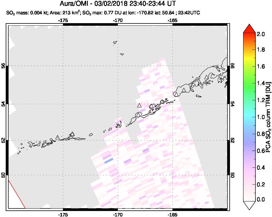 A sulfur dioxide image over Aleutian Islands, Alaska, USA on Mar 02, 2018.