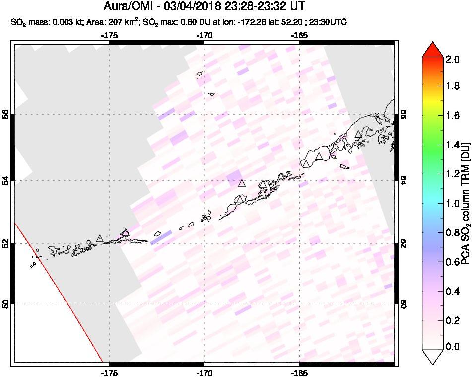 A sulfur dioxide image over Aleutian Islands, Alaska, USA on Mar 04, 2018.