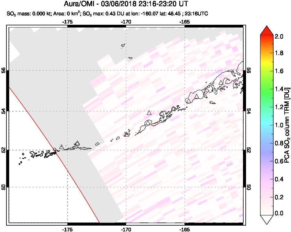 A sulfur dioxide image over Aleutian Islands, Alaska, USA on Mar 06, 2018.