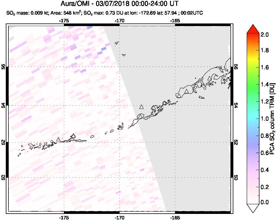A sulfur dioxide image over Aleutian Islands, Alaska, USA on Mar 07, 2018.