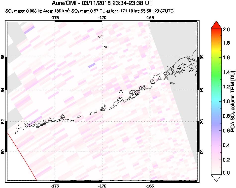 A sulfur dioxide image over Aleutian Islands, Alaska, USA on Mar 11, 2018.