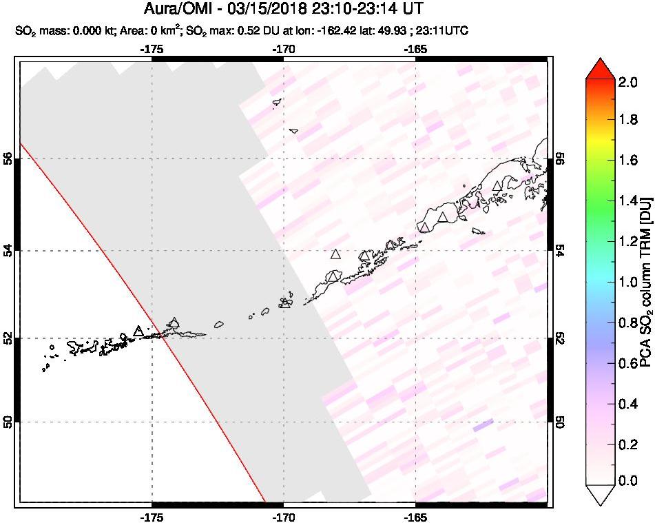 A sulfur dioxide image over Aleutian Islands, Alaska, USA on Mar 15, 2018.