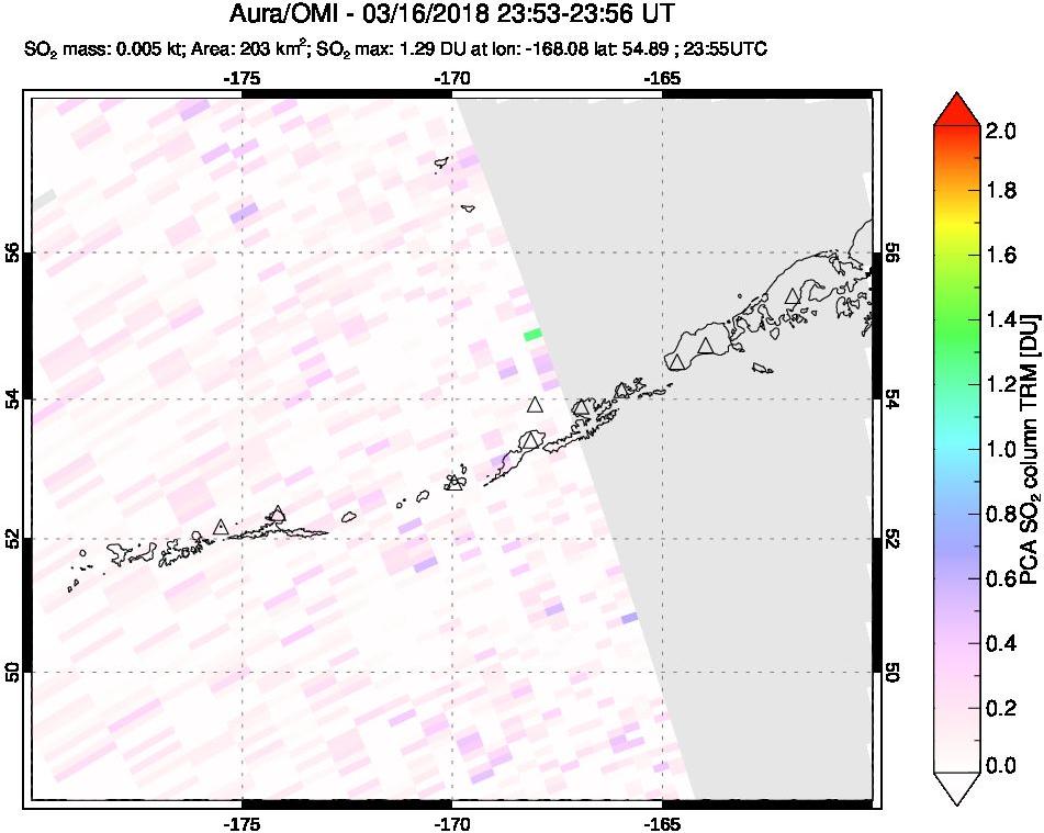 A sulfur dioxide image over Aleutian Islands, Alaska, USA on Mar 16, 2018.