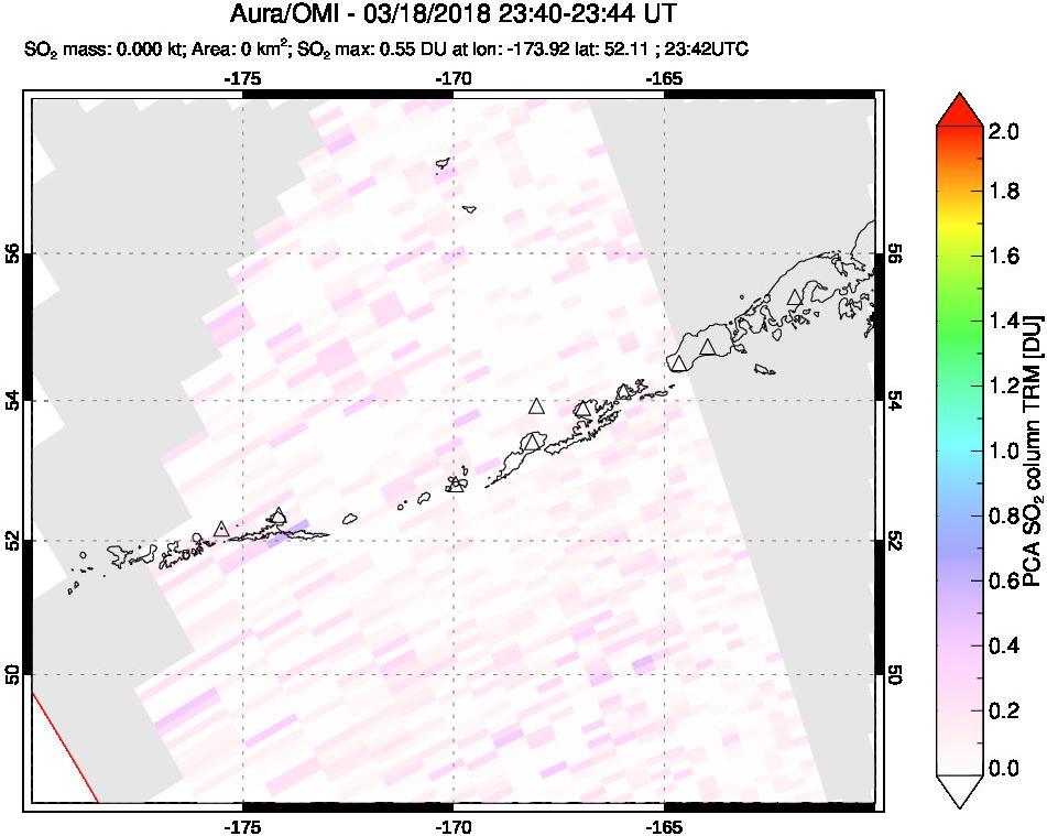 A sulfur dioxide image over Aleutian Islands, Alaska, USA on Mar 18, 2018.