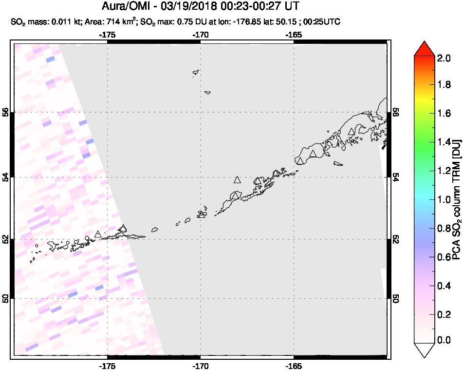 A sulfur dioxide image over Aleutian Islands, Alaska, USA on Mar 19, 2018.