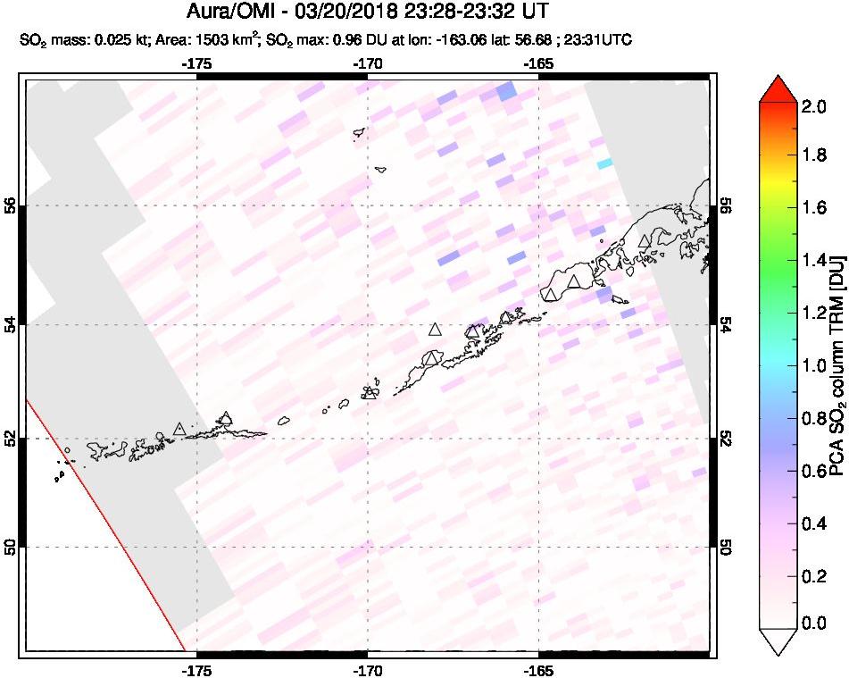 A sulfur dioxide image over Aleutian Islands, Alaska, USA on Mar 20, 2018.