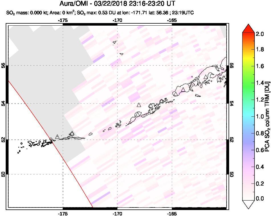 A sulfur dioxide image over Aleutian Islands, Alaska, USA on Mar 22, 2018.