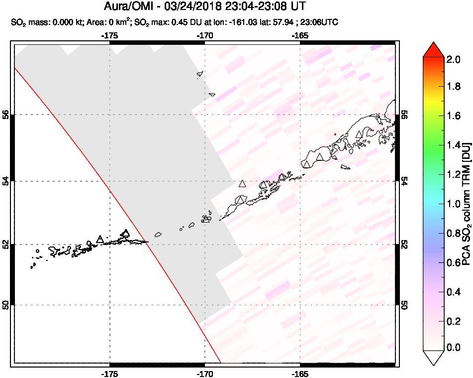 A sulfur dioxide image over Aleutian Islands, Alaska, USA on Mar 24, 2018.