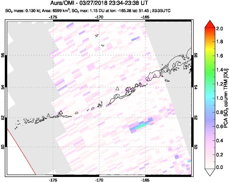 A sulfur dioxide image over Aleutian Islands, Alaska, USA on Mar 27, 2018.