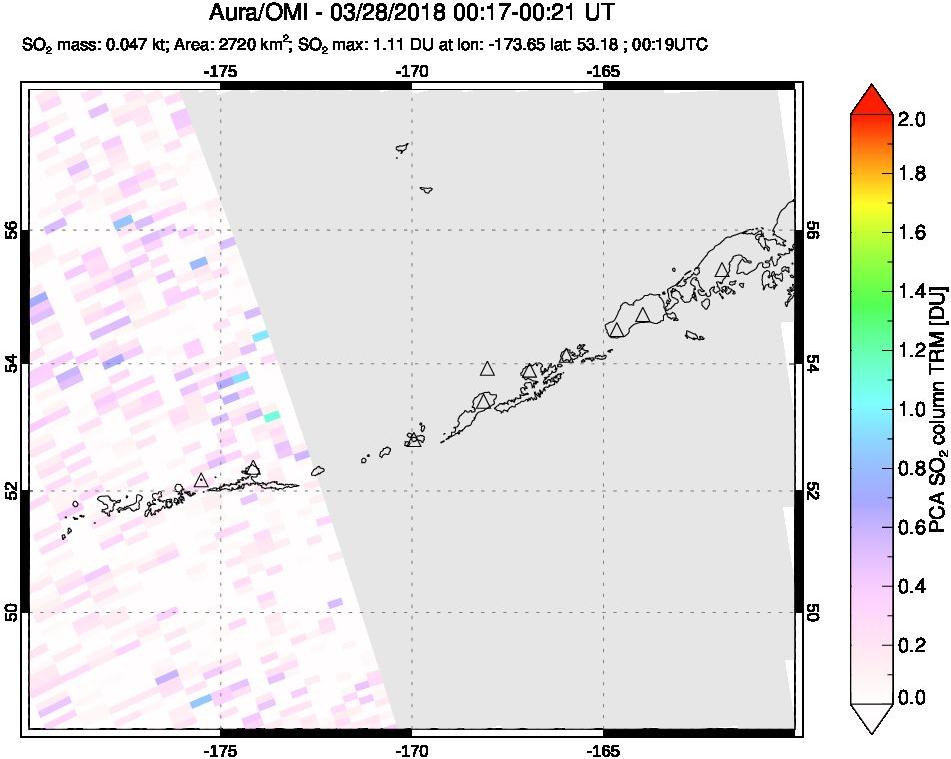 A sulfur dioxide image over Aleutian Islands, Alaska, USA on Mar 28, 2018.