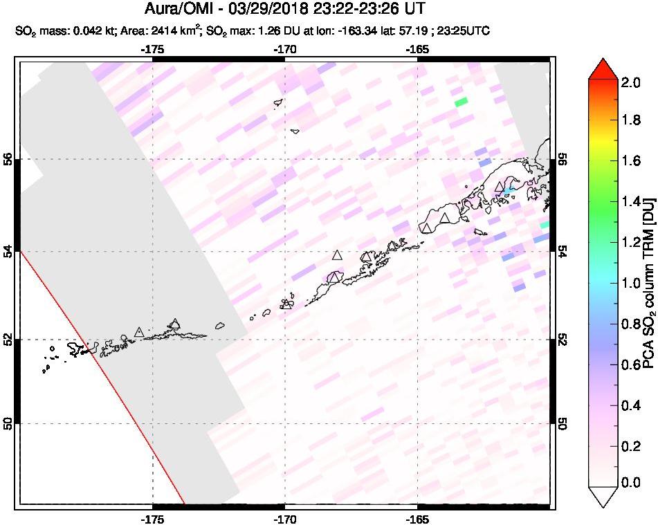 A sulfur dioxide image over Aleutian Islands, Alaska, USA on Mar 29, 2018.