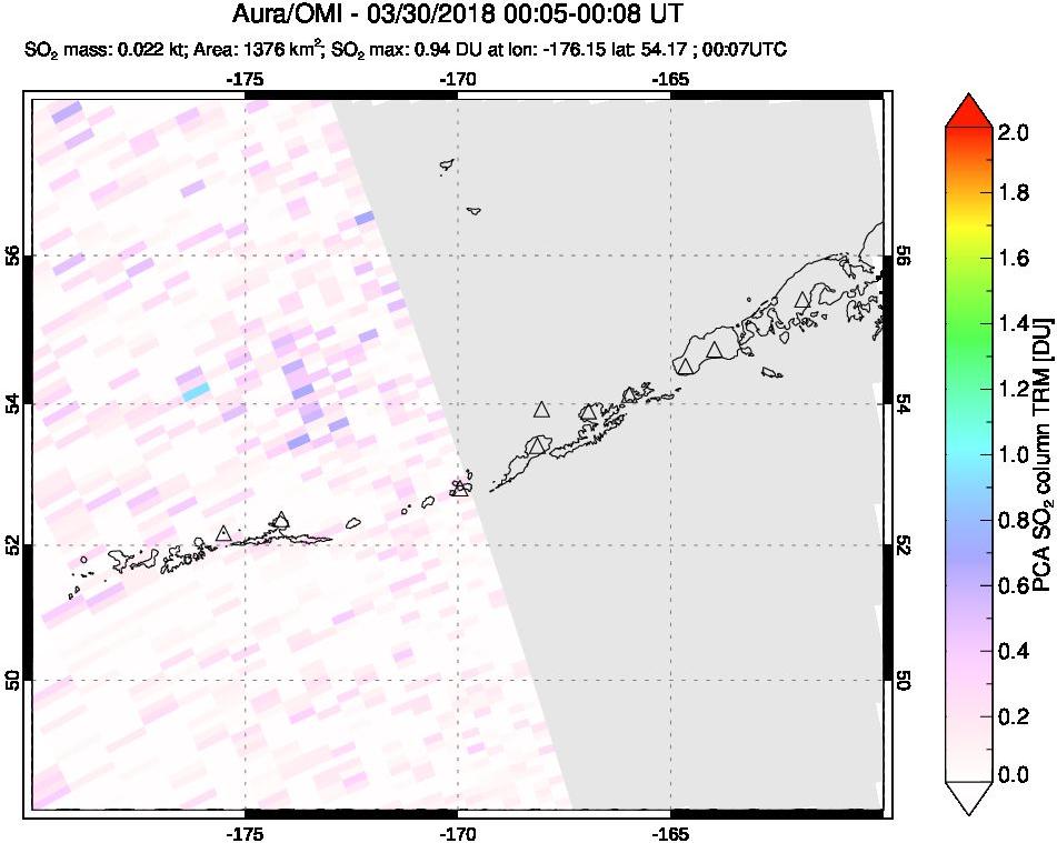 A sulfur dioxide image over Aleutian Islands, Alaska, USA on Mar 30, 2018.