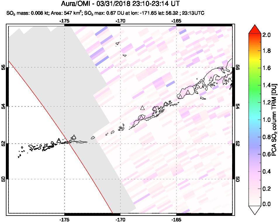 A sulfur dioxide image over Aleutian Islands, Alaska, USA on Mar 31, 2018.