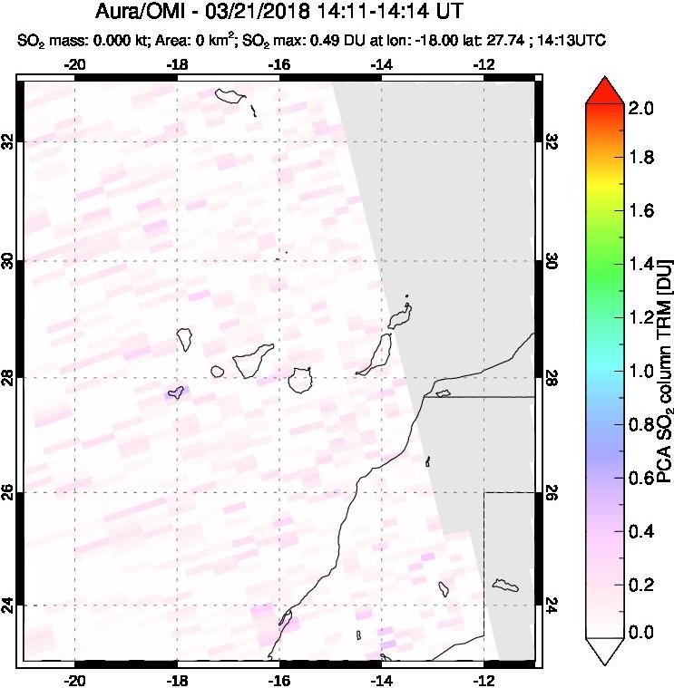 A sulfur dioxide image over Canary Islands on Mar 21, 2018.