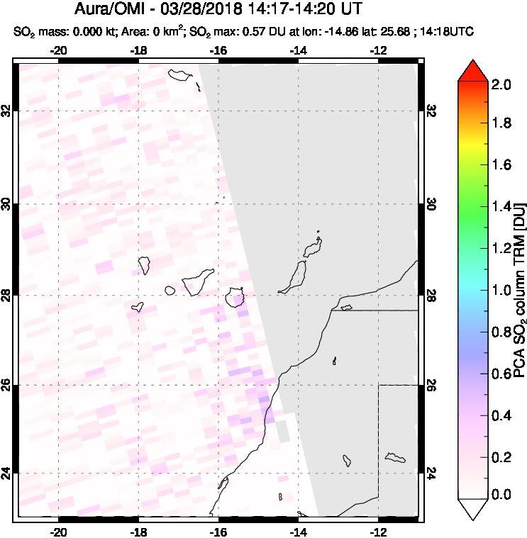 A sulfur dioxide image over Canary Islands on Mar 28, 2018.