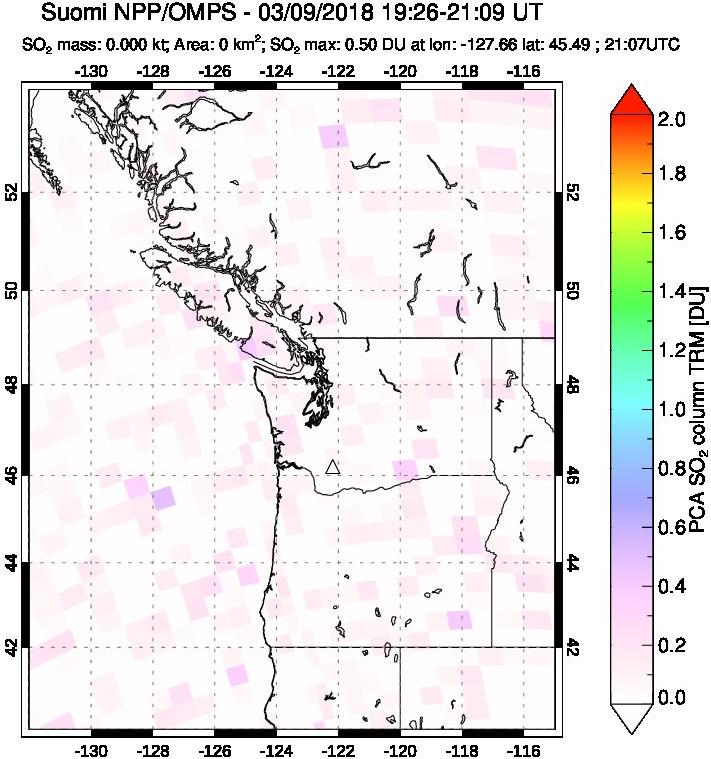 A sulfur dioxide image over Cascade Range, USA on Mar 09, 2018.