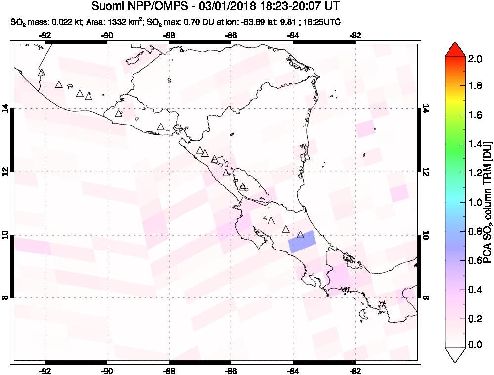 A sulfur dioxide image over Central America on Mar 01, 2018.