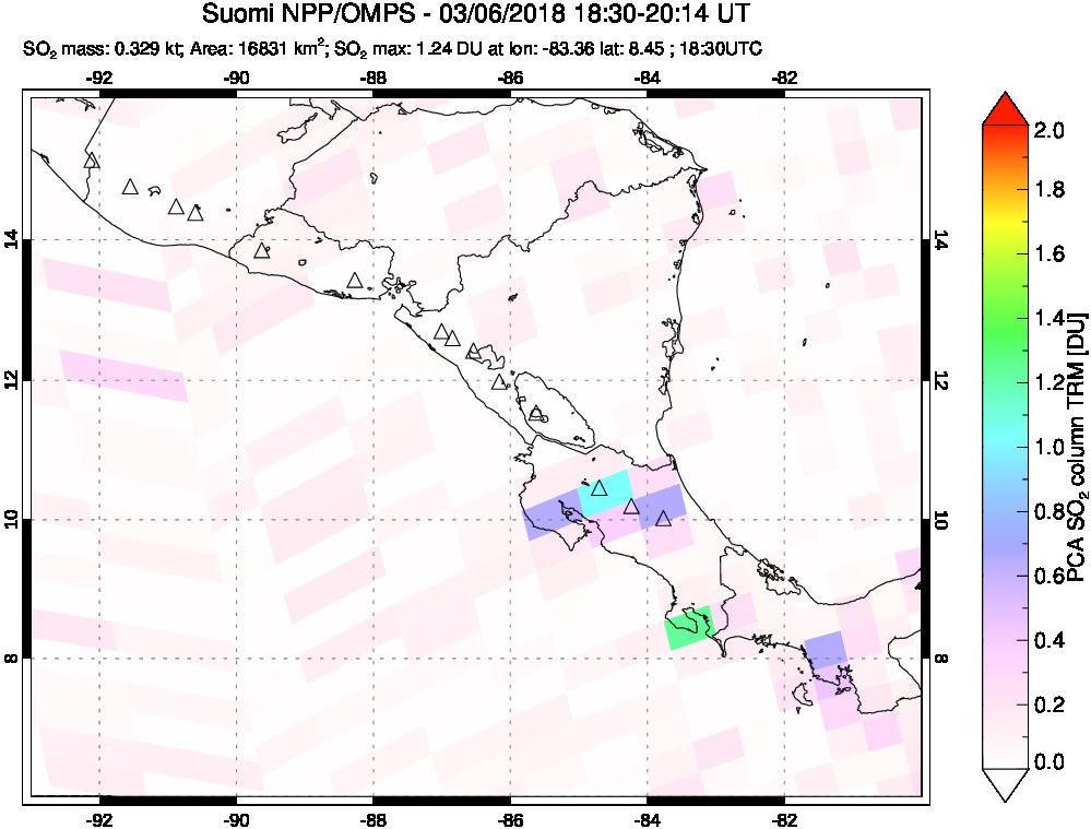 A sulfur dioxide image over Central America on Mar 06, 2018.