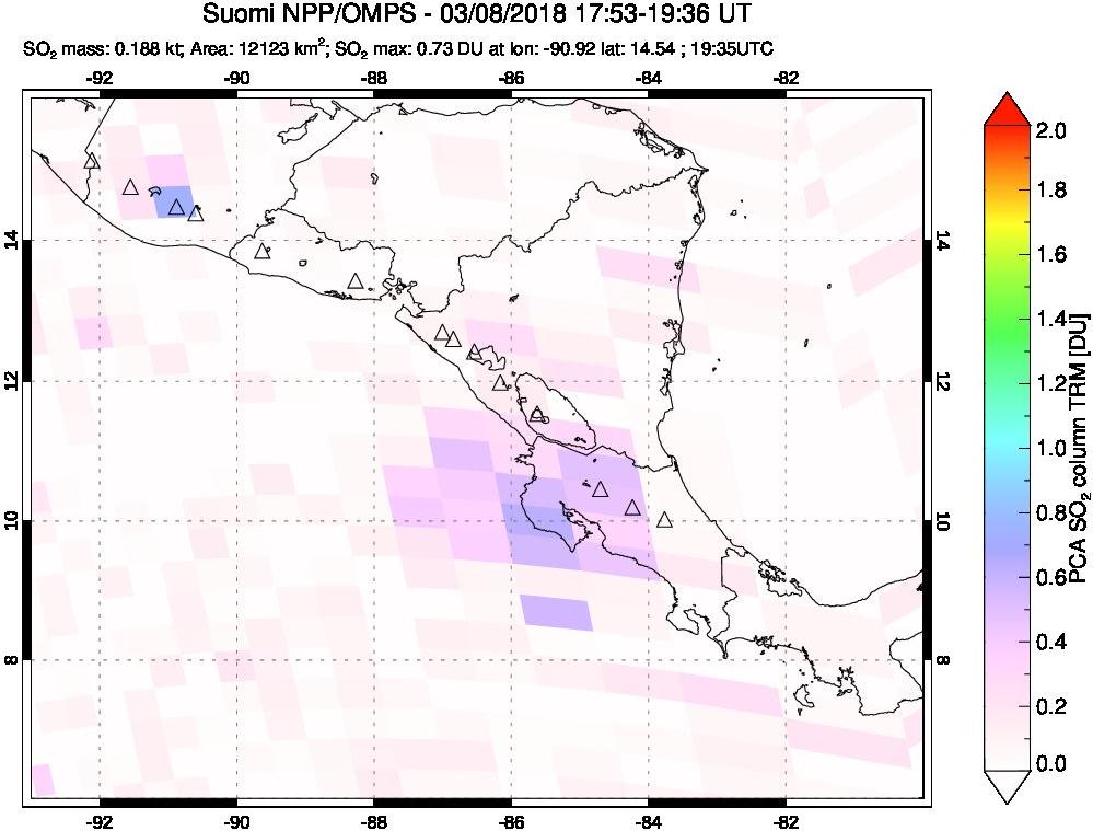 A sulfur dioxide image over Central America on Mar 08, 2018.