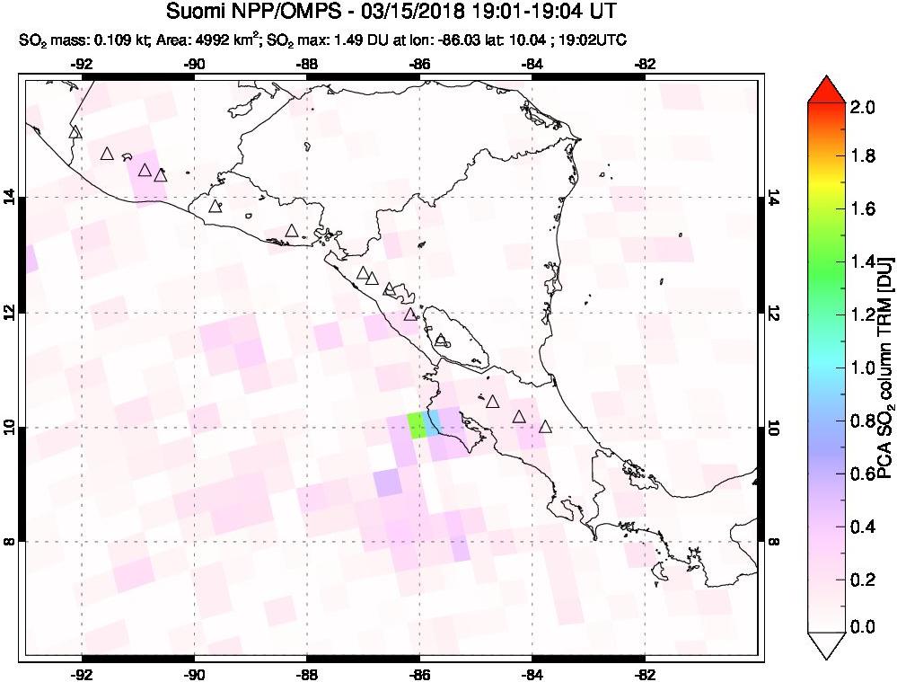 A sulfur dioxide image over Central America on Mar 15, 2018.