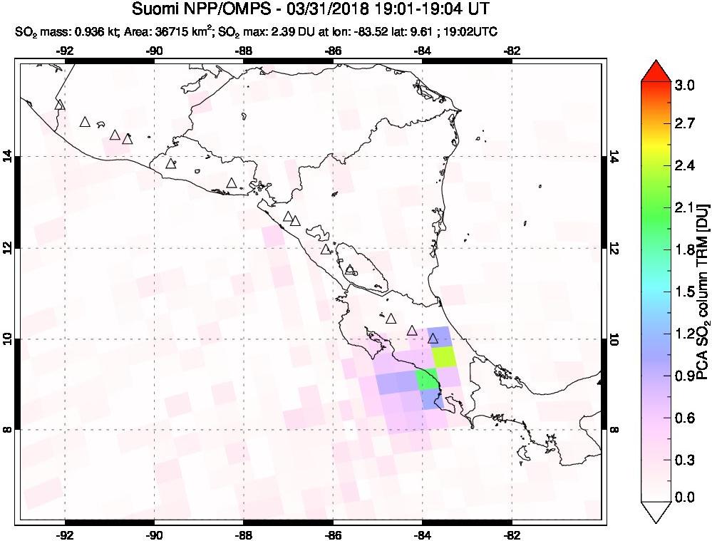 A sulfur dioxide image over Central America on Mar 31, 2018.