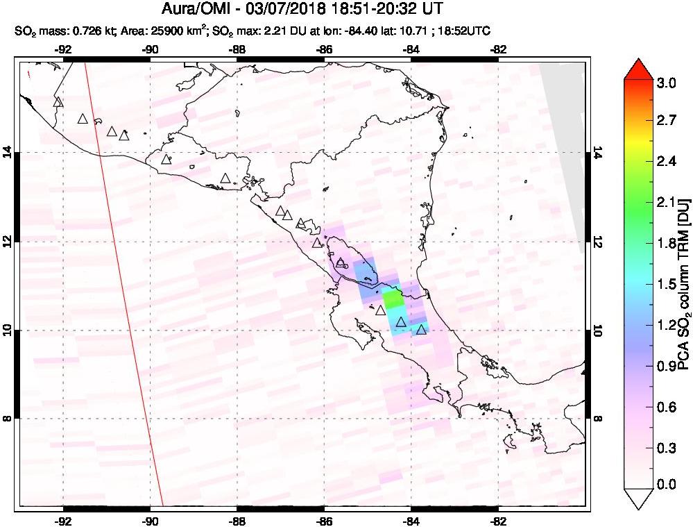 A sulfur dioxide image over Central America on Mar 07, 2018.