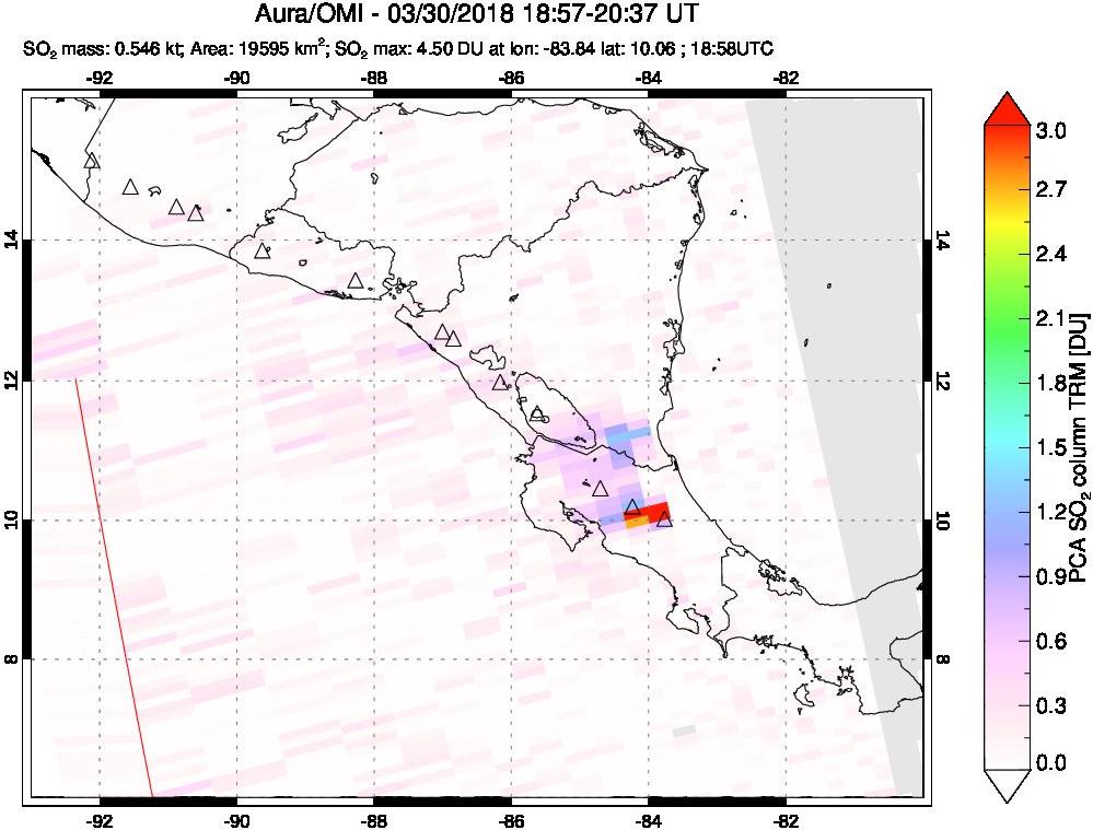 A sulfur dioxide image over Central America on Mar 30, 2018.