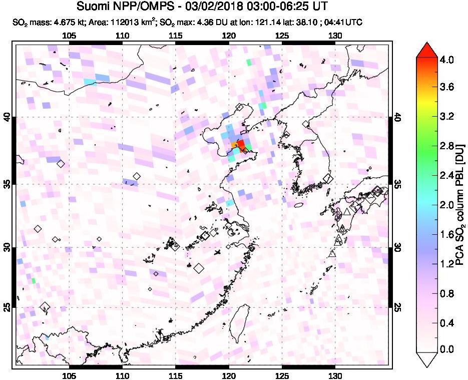 A sulfur dioxide image over Eastern China on Mar 02, 2018.