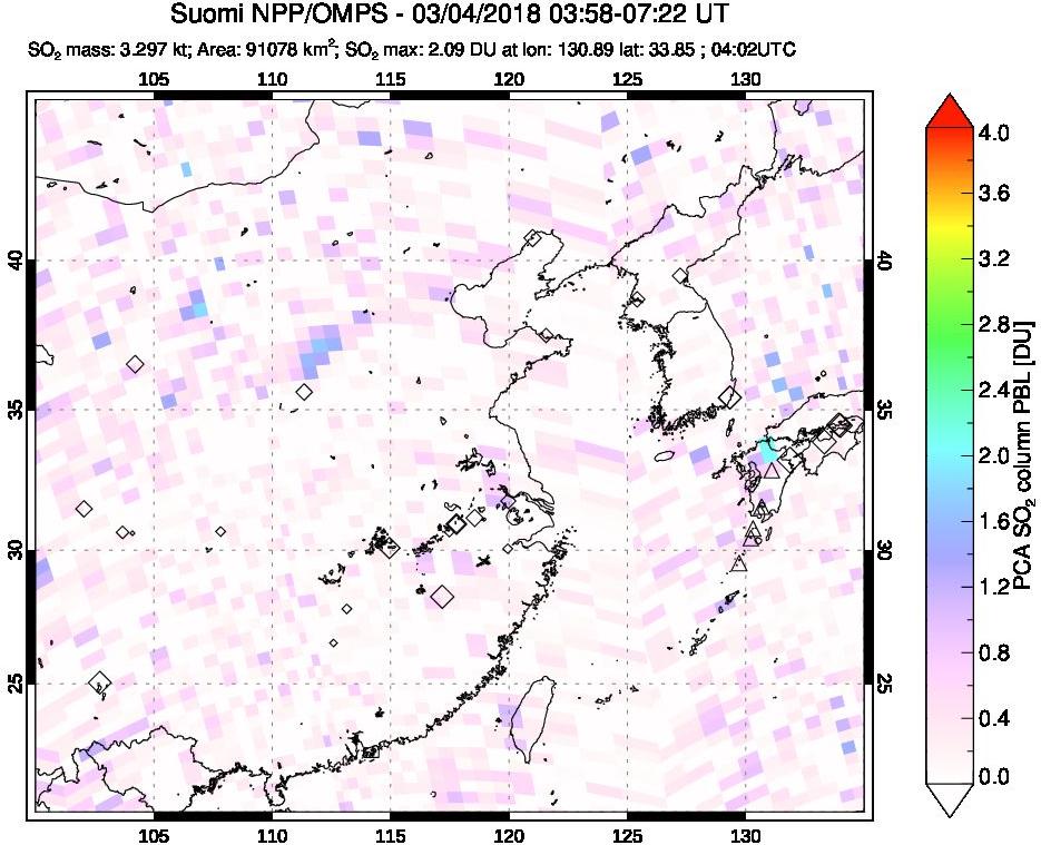 A sulfur dioxide image over Eastern China on Mar 04, 2018.