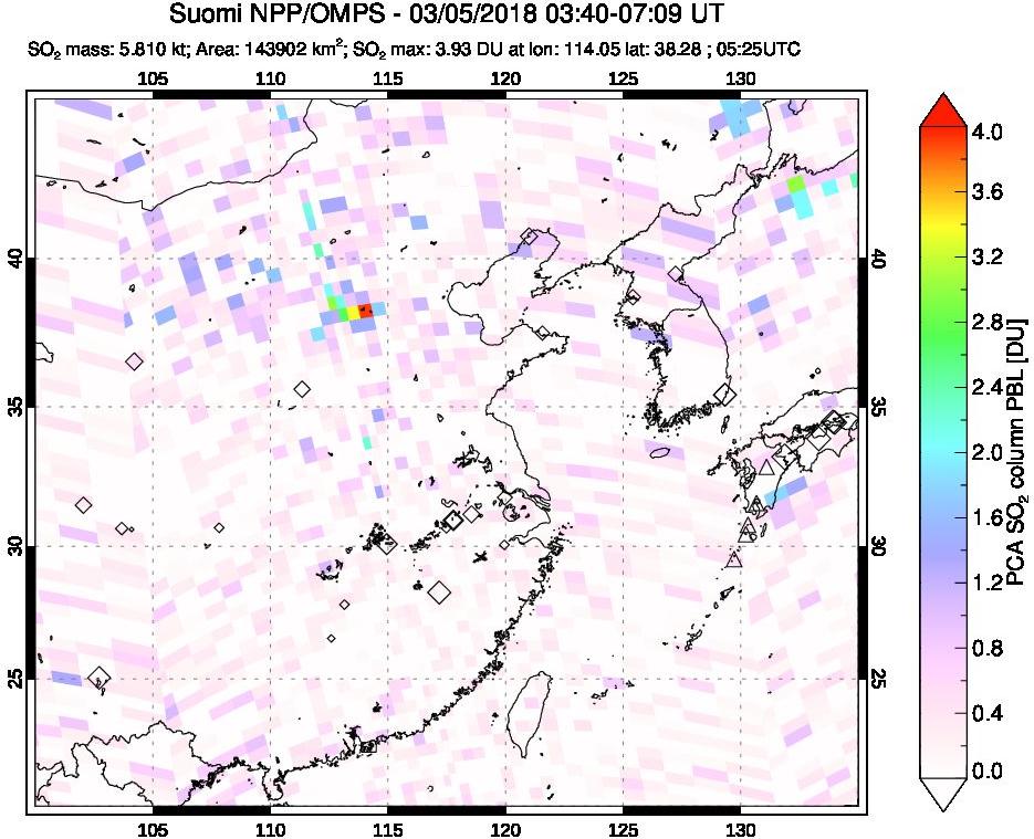 A sulfur dioxide image over Eastern China on Mar 05, 2018.