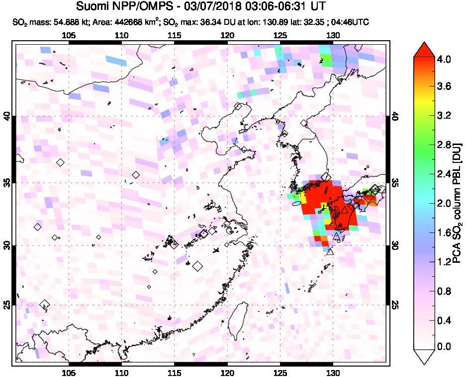 A sulfur dioxide image over Eastern China on Mar 07, 2018.