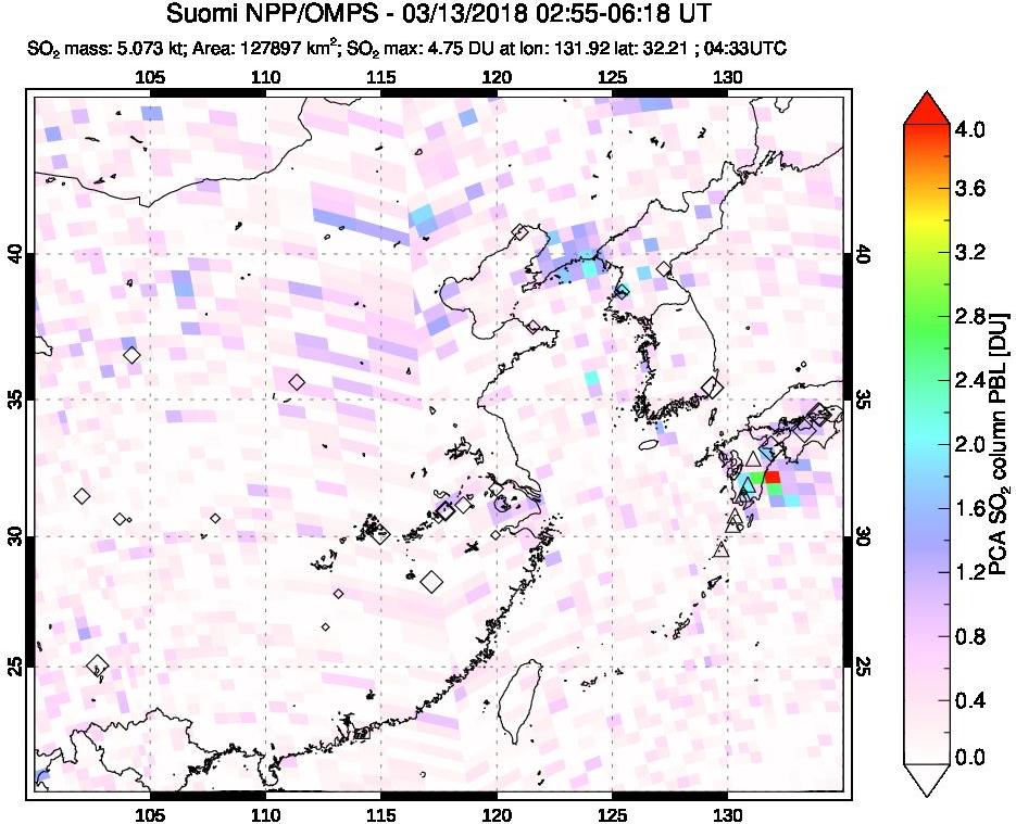 A sulfur dioxide image over Eastern China on Mar 13, 2018.