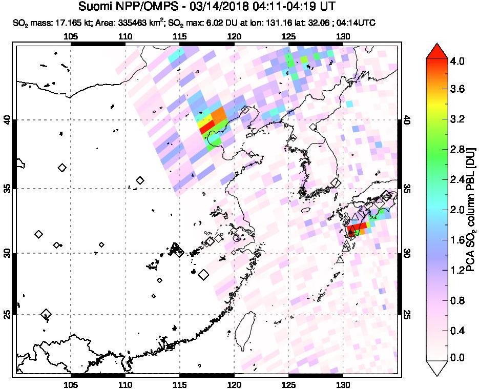A sulfur dioxide image over Eastern China on Mar 14, 2018.