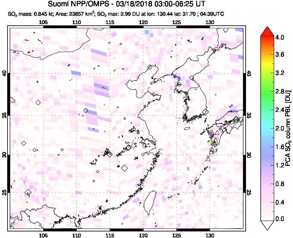 A sulfur dioxide image over Eastern China on Mar 18, 2018.