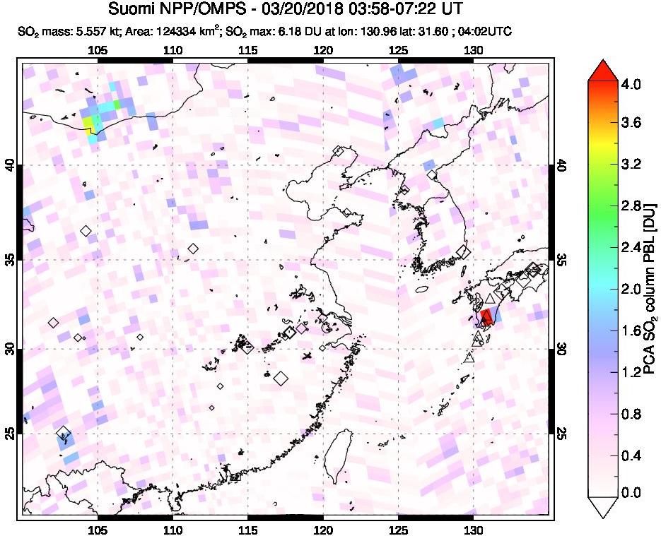 A sulfur dioxide image over Eastern China on Mar 20, 2018.