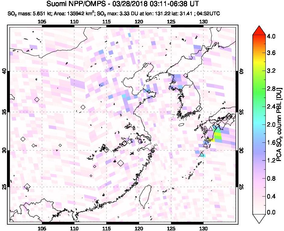 A sulfur dioxide image over Eastern China on Mar 28, 2018.