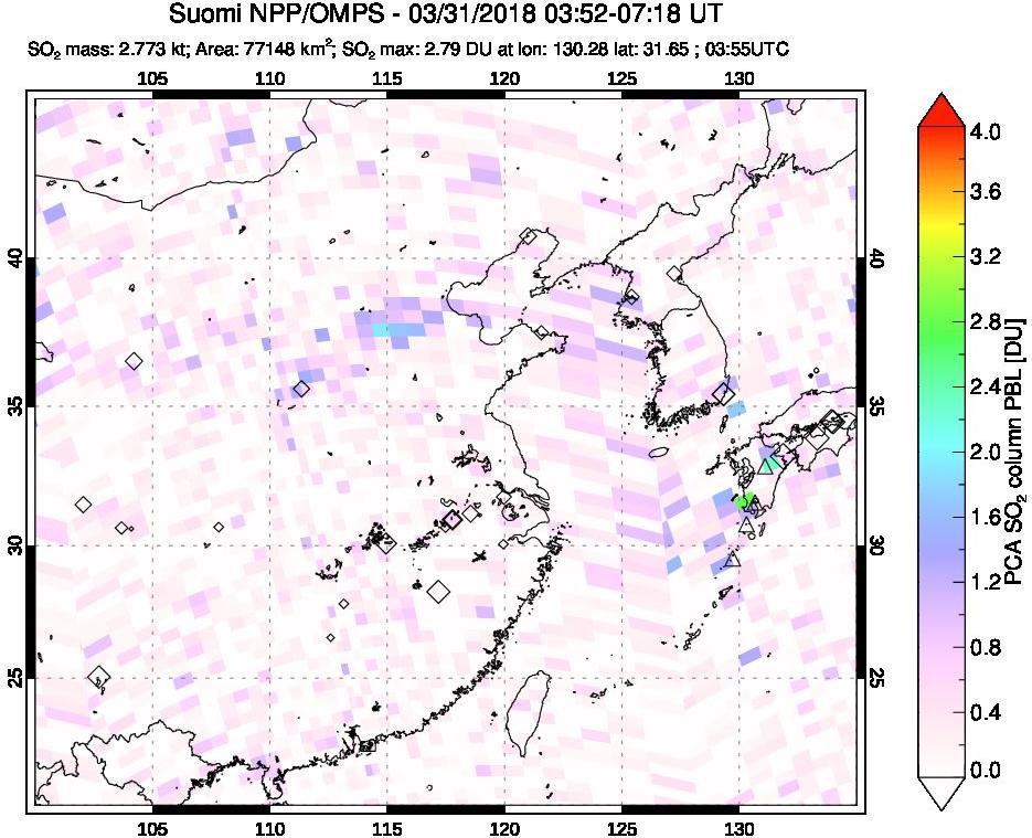 A sulfur dioxide image over Eastern China on Mar 31, 2018.