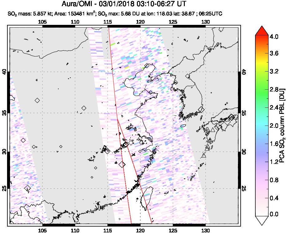 A sulfur dioxide image over Eastern China on Mar 01, 2018.