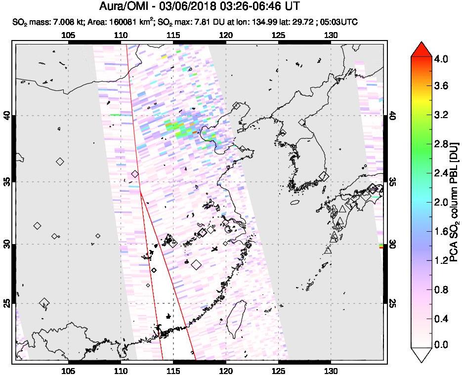 A sulfur dioxide image over Eastern China on Mar 06, 2018.