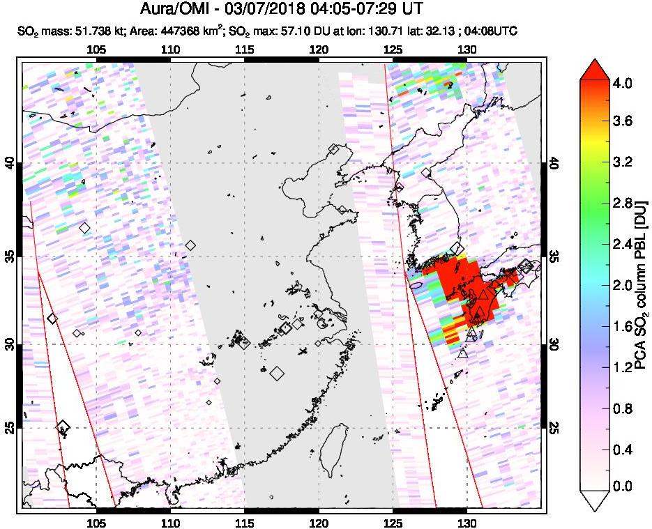 A sulfur dioxide image over Eastern China on Mar 07, 2018.