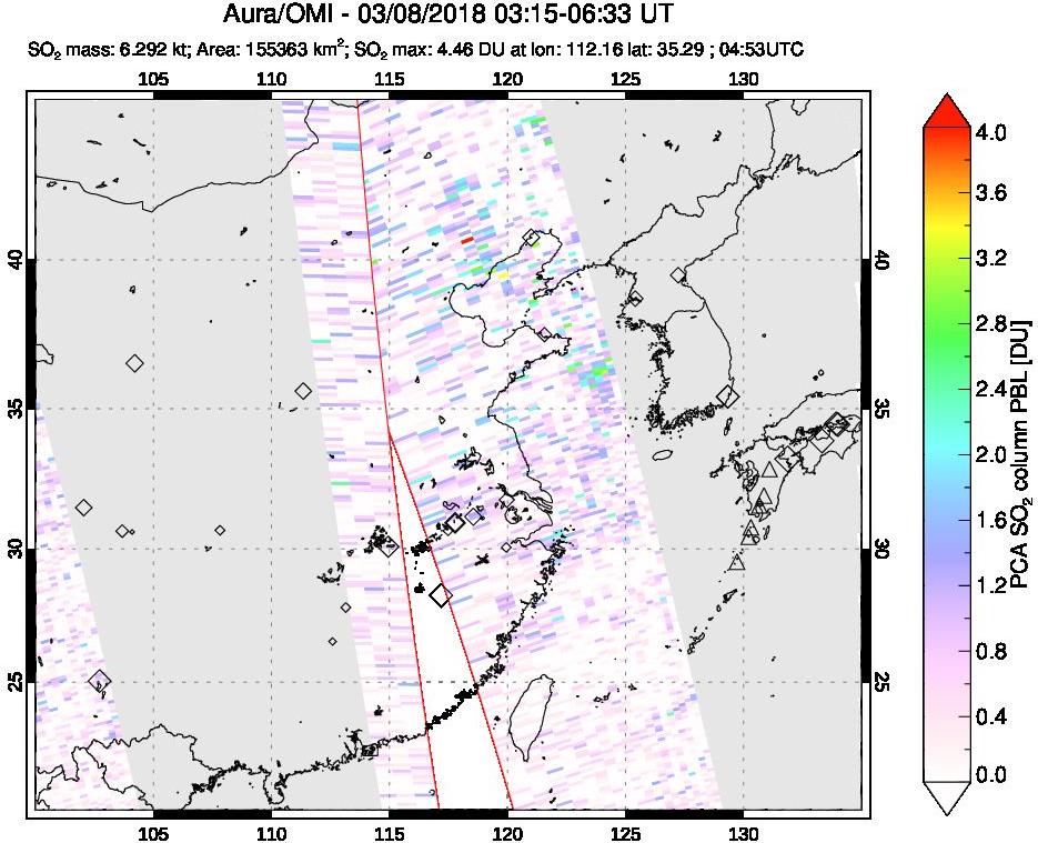 A sulfur dioxide image over Eastern China on Mar 08, 2018.