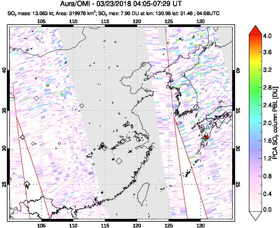 A sulfur dioxide image over Eastern China on Mar 23, 2018.