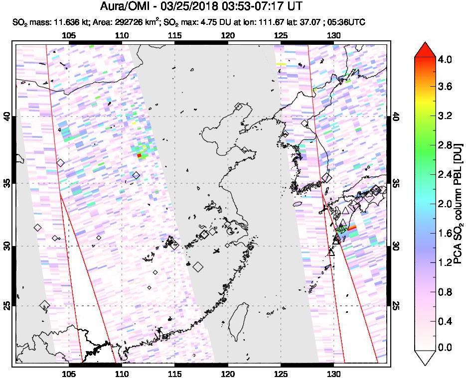 A sulfur dioxide image over Eastern China on Mar 25, 2018.