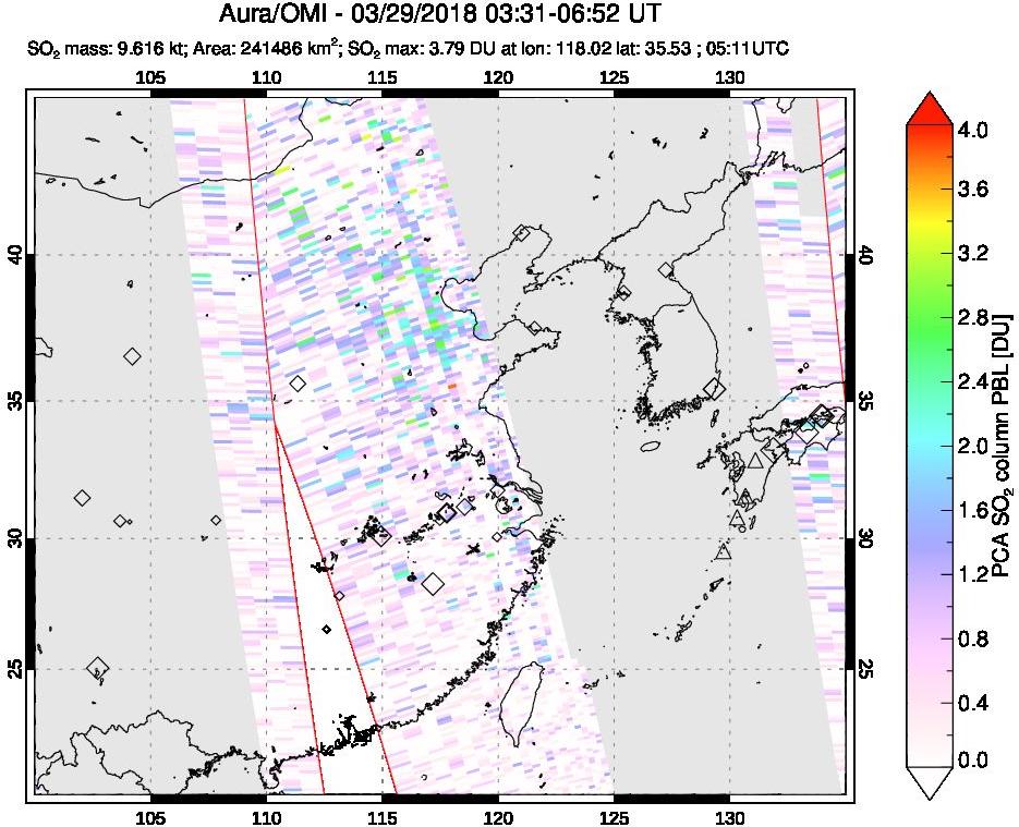 A sulfur dioxide image over Eastern China on Mar 29, 2018.