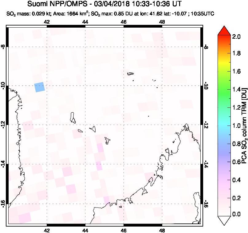 A sulfur dioxide image over Comoro Islands on Mar 04, 2018.