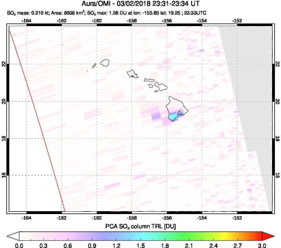 A sulfur dioxide image over Hawaii, USA on Mar 02, 2018.